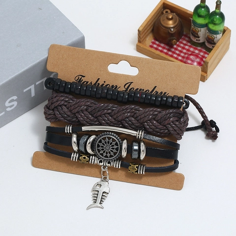 Vintage Herren Mehrlagiges Lederarmband Set Handgewebtes Rindsleder Hanfseil Holzperlen Legierung Fischgräte Anhänger Schmuck