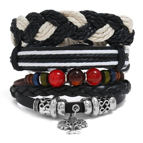 Punk Retro Pulsera De Cuero De Vaca Con Cuentas Árbol De La Vida Colgante Multicapa Tejido Joyería Para Hombre Mujer Ajustable