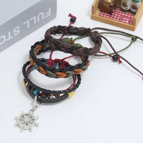 Retro Multilayer Leather Beaded Bracelet Set For Men Bohemian Nautical Rudder Charm Cowhide Hand Woven Rope Wood Bead Bracelet Jewelry