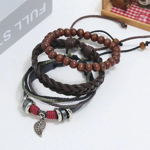 Vintage Men Handwoven Leather Bracelet Set Cowhide Hemp Rope Wood Beads Multi-layer Leaf Pendant Punk Bohemian Jewelry