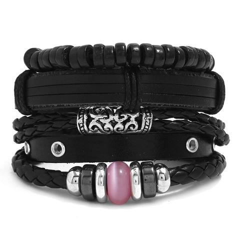 Bracciale in Pelle Intrecciata Vintage Punk per Uomo Donna Bracciale Multistrato in Corda con Perline con Ciondoli in Lega e Perline in Legno