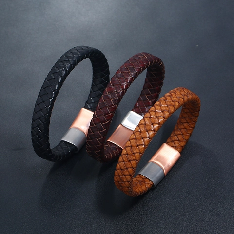 Bracelet Homme Vintage en Cuir Artificiel Tressé Fermoir Magnétique en Acier Titane Bracelet Géométrique Minimaliste Bijoux