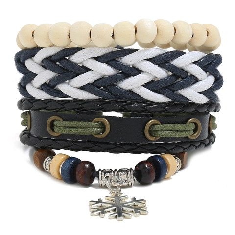 Bohemian Mehrlagige Handgewebte Leder Armband Herren Legierung Schneeflocke Anhänger Holzperlen Verstellbar Ethnisch Schmuck