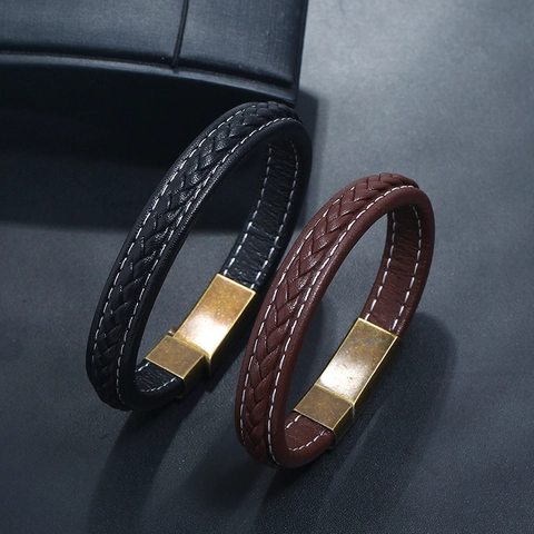 Heren Handgeweven Meerlaagse Leren Armband Vintage Punk Etnische Stijl Kunstleer Roestvrij Staal Magneetsluiting Armband Sieraden