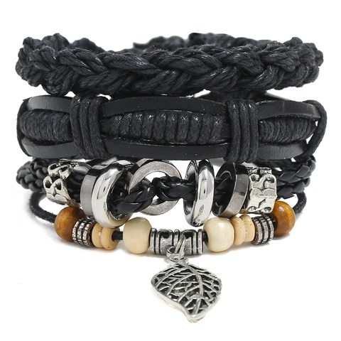 Vintage Herren Mehrlagiges Geflochtenes Lederarmband Set Mit Blatt Anhänger Holzperlen Handgefertigt Punk Wickelarmband Schmuck