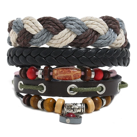 Vintage Hand-woven Leather Bracelet Set For Men Women Bohemian Multilayer Cowhide Hemp Rope Wood Bead Alloy Charm Jewelry