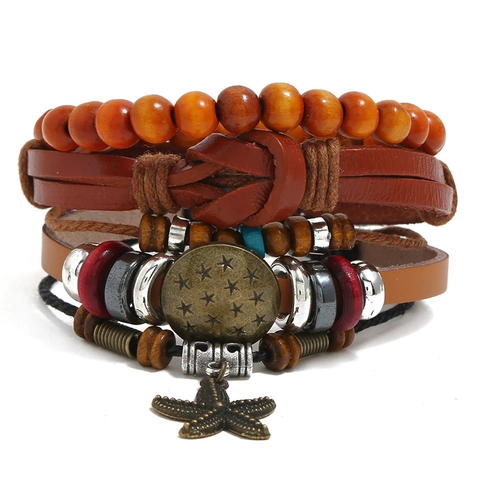 Pulsera de Cuero de Vaca Vintage para Hombre Cuentas de Madera Aleación Estrella de Mar Dije Bohemio Tejido a Mano Ajustable