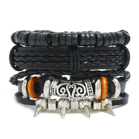 Set di Braccialetti di Perline in Pelle Punk per Uomo Donna Retro Corda a Mano in Pelle Intrecciata Boho Etnico Borchiato Gioielli Regolabili