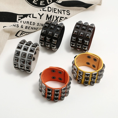 Punk Wide Leather Cuff Bracelet For Women Men Pyramid Rivet Studded Rock Biker Wristband Party Jewelry Adjustable Buckle