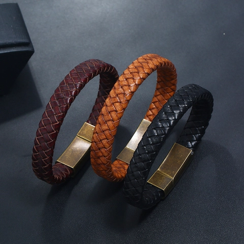 Pulsera Vintage de Cuero Artificial Trenzado para Hombre Acero Inoxidable Cierre Magnético Estilo Punk Joyería de Regalo