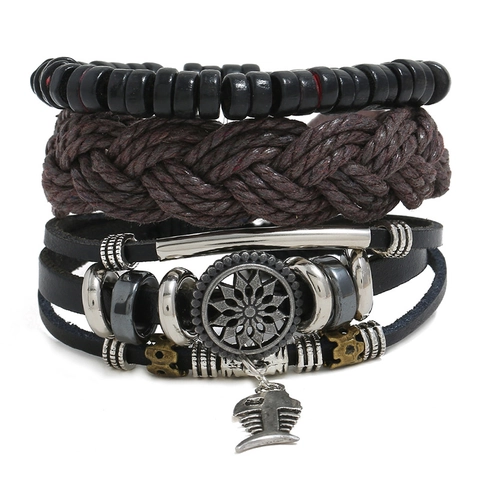 Vintage Herren Mehrlagiges Lederarmband Set Handgewebtes Rindsleder Hanfseil Holzperlen Legierung Fischgräte Anhänger Schmuck