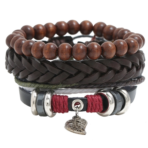 Vintage Men Handwoven Leather Bracelet Set Cowhide Hemp Rope Wood Beads Multi-layer Leaf Pendant Punk Bohemian Jewelry