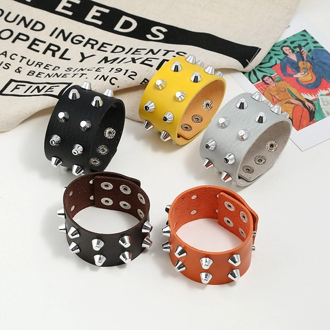 Punk Synthetic Leather Rivet Bracelet Wide Cuff Rock Gothic Spikes Wristband Adjust Metal Buckle Biker Men Women Jewelry