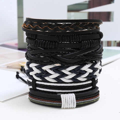 Juego de Pulseras de Cuero Trenzado Multicapa Vintage para Hombre Pulseras Envolventes de Cordón Tejido Estilo Punk Retro Joyería