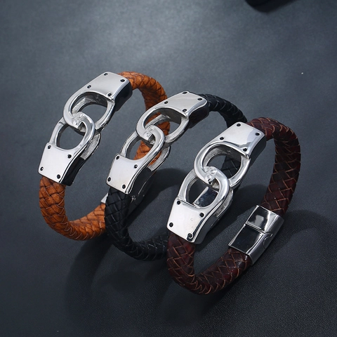 Herren Vintage Punk Gewebtes PU-Leder Armband Mit Edelstahl Handschellen Schnalle Titanstahl Armreif Schmuck Armband