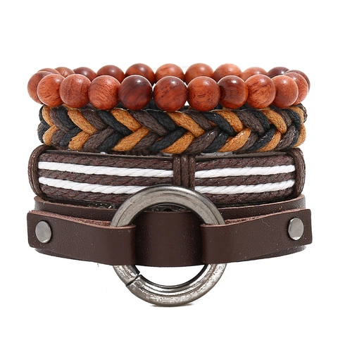 Vintage Leather Bracelet Set Retro Braided Cord Wood Beads Punk Rock Wristband For Men Women Daily Party Jewelry Gift