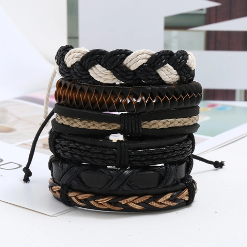 Vintage Mehrschichtiges Handgewebtes Armband Bohemian Geflochtenes Rindsleder Hanfseil Punk Wickelschmuck Für Herren Täglicher Schmuck