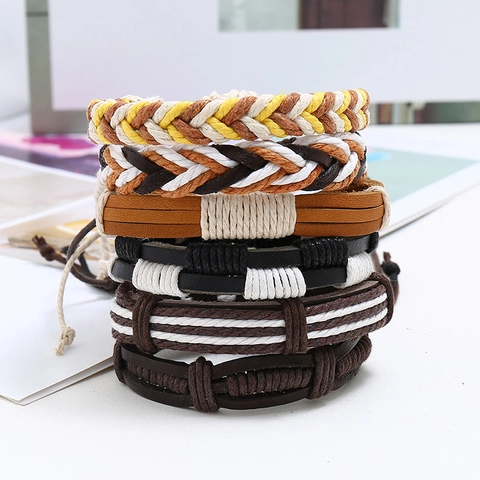 Vintage Ανδρικό Πλεχτό Δερμάτινο Βραχιόλι Πολλαπλών Επιπέδων Εθνικό Μποέμ Υφαντό Κορδόνι Ρυθμιζόμενο Βραχιόλι Κοσμήματα Δώρο