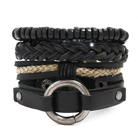 Retro Punk Herren Lederarmband Mehrlagig Gewebtes Hanfseil Holzperlen Legierungsring Nieten Manschette Armreif Schmuck