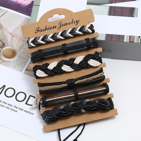 Retro Heren Gevlochten Leren Armband Meerlaags Koeienhuid PU Hennep Touw Waskoord Verstelbaar Bohemian Punk Sieraden
