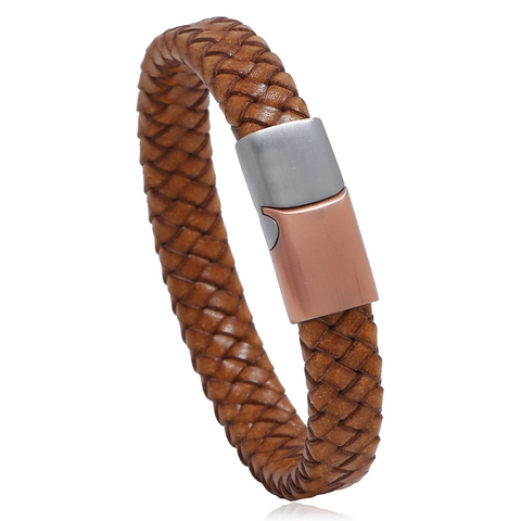Bracelet Homme Vintage en Cuir Artificiel Tressé Fermoir Magnétique en Acier Titane Bracelet Géométrique Minimaliste Bijoux