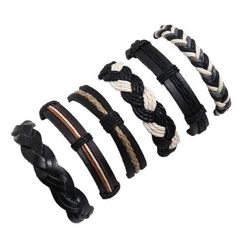 Retro Heren Gevlochten Leren Armband Meerlaags Koeienhuid PU Hennep Touw Waskoord Verstelbaar Bohemian Punk Sieraden