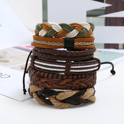 Collezione Bracciale in Pelle Intrecciata Vintage da Uomo Fatto a Mano Boemo Multistrato Etnico Bracciale a Polsino Gioielli Regalo