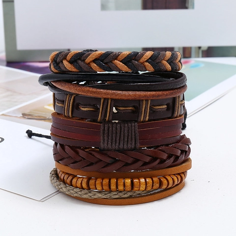 Vintage Braided Cowhide Leather Bracelets For Men Bohemian Punk Style Handmade Cord Wood Beads Adjustable Wristband Jewelry
