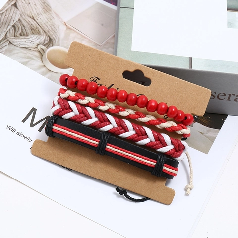 Bohemian Braided Synthetic Leather Multi-layer Wax Cord Wood Bead Ethnic Style Adjustable Wristband Jewelry Accessory For Women