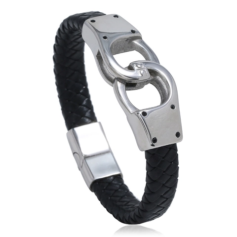 Herren Vintage Punk Gewebtes PU-Leder Armband Mit Edelstahl Handschellen Schnalle Titanstahl Armreif Schmuck Armband