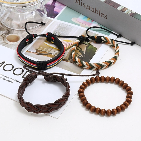 Herren Retro Geflochtenes Lederarmband Vintage Punk Mehrlagiges Rindsleder Holzperlen Ethnisch Hanfseil Verstellbar Handgefertigt Schmuck