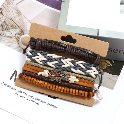 Punk Vintage Braided Cowhide Leather Bracelet Multi-layer Handmade Leaf Charm Wood Bead Adjustable Jewelry Wristband For Unisex