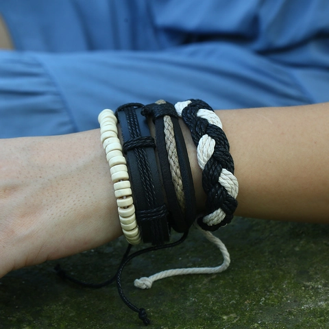 Vintage Multilayer Braided Leather Bracelet Set For Men Bohemian Punk Woven Cord Wristband Retro Male Hand Jewelry Gift