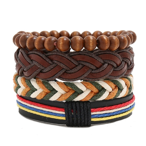 Herren Retro Geflochtenes Lederarmband Vintage Punk Mehrlagiges Rindsleder Holzperlen Ethnisch Hanfseil Verstellbar Handgefertigt Schmuck