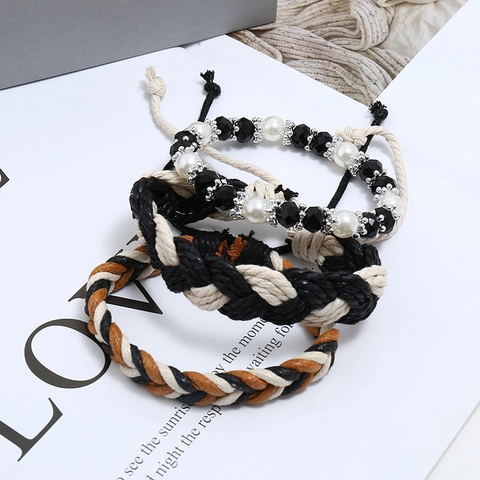 Bohemian Handmade Woven Bracelet Set Wax Cord Artificial Pearl Crystal Beaded Multi-Layer Ethnic Style Jewelry For Women Gift
