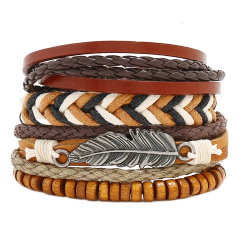Vintage Handcrafted Woven Cowhide Leather Bracelet For Men Women Bohemian Multi Layer Feather Wood Bead Bracelet Jewelry