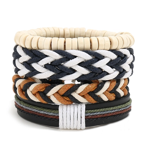 Set di Braccialetti Intrecciati Vintage per Uomo Donna Bohemian Punk in Pelle PU Perline di Legno Bracciale Regolabile Gioielli