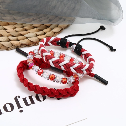 Bracciali in Cordoncino di Cera Intrecciati Rossi e Bianchi Perline di Cristallo Artificiale Regolabile per Donne