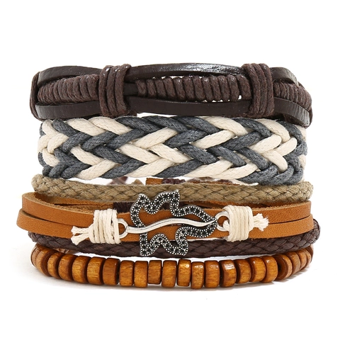 Punk Vintage Braided Cowhide Leather Bracelet Multi-layer Handmade Leaf Charm Wood Bead Adjustable Jewelry Wristband For Unisex