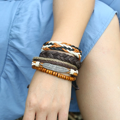 Retro Punk Multilayer Braided Leather Bracelet Set For Men Women Adjustable Woven Cord Wood Beads Alloy Feather Jewelry