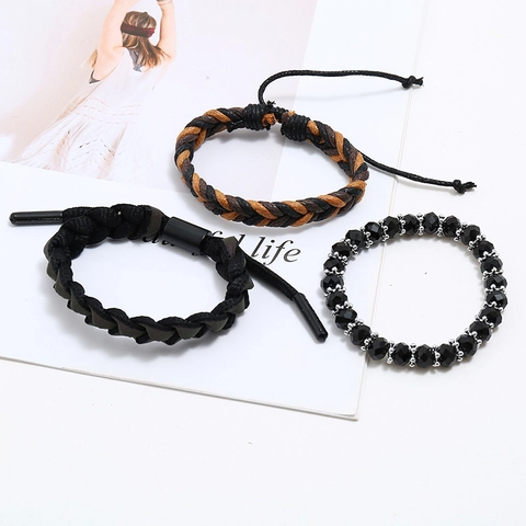 Boho-Vintage Kristall Facettierte Perlen Armband Wachsleine Geflochtene Kordel Kunstleder Verstellbarer Damen Modeschmuck