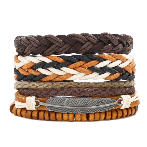 Retro Punk Multilayer Braided Leather Bracelet Set For Men Women Adjustable Woven Cord Wood Beads Alloy Feather Jewelry