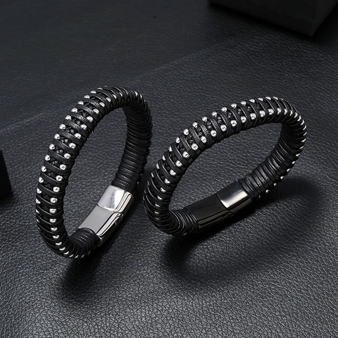 Bracciale da Uomo in Pelle PU Intrecciata a Mano in Acciaio Inossidabile Fibbia Magnetica Minimalista Gioielli di Moda