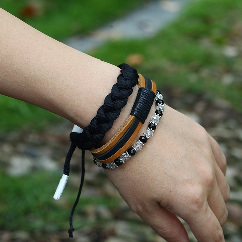 Vintage Punk Hand-Woven Leather Wax Cord And Crystal Beads Multi-Layer Bracelet For Men Women Bohemian Casual Hand Jewelry
