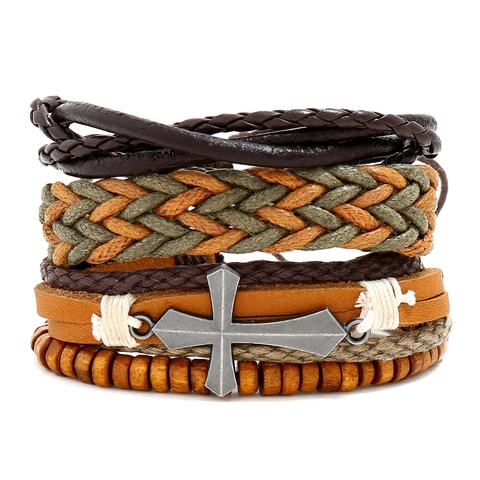 Bracciale in Pelle di Vacca Intrecciata Multistrato Vintage Punk Con Ciondolo a Croce Perline di Legno Gioielli Regolabili Per Uomo Donna