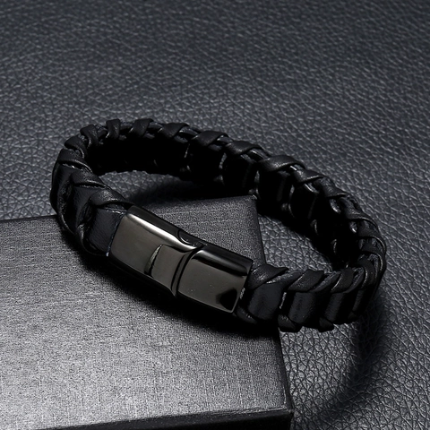 Herren Punk Handgewebtes PU Leder Armband Mit Edelstahl Magnetverschluss Minimalistisches Geometrisches Geflochtenes Armband Schmuck