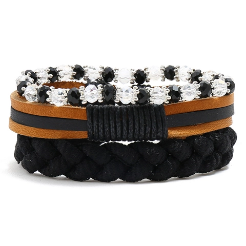 Vintage Punk Hand-Woven Leather Wax Cord And Crystal Beads Multi-Layer Bracelet For Men Women Bohemian Casual Hand Jewelry