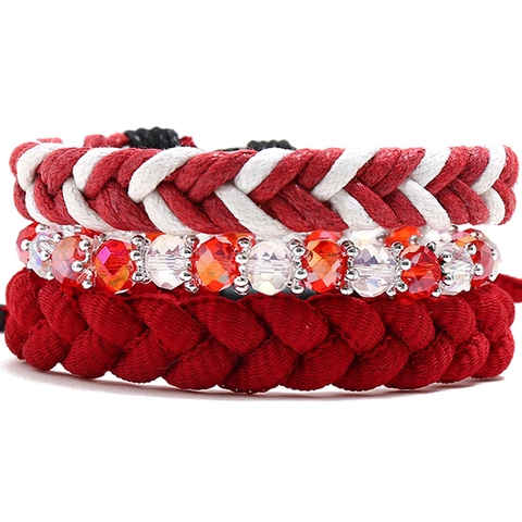 Bracciali in Cordoncino di Cera Intrecciati Rossi e Bianchi Perline di Cristallo Artificiale Regolabile per Donne