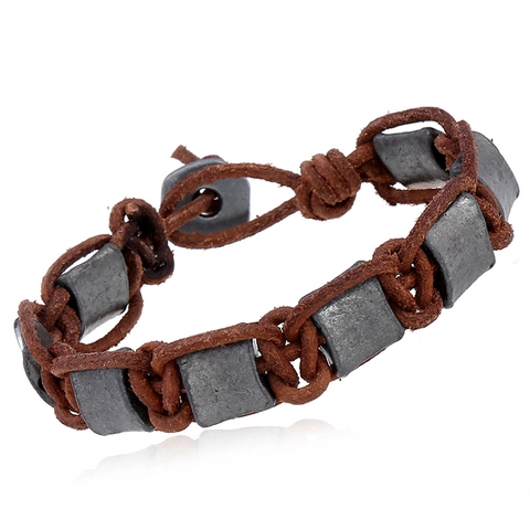 Vintage Woven Cowhide Bracelet With Alloy Beads Retro Handcrafted Genuine Leather Wristband For Men Casual Jewelry Gift
