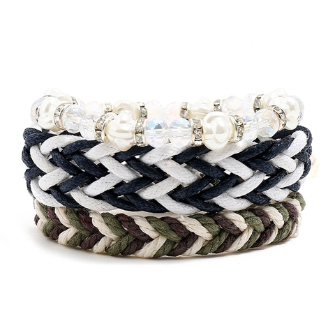 Bohemian Handmade Woven Hemp Rope Bracelet Layered Artificial Pearl Crystal Rhinestone Adjustable Jewelry For Women Men